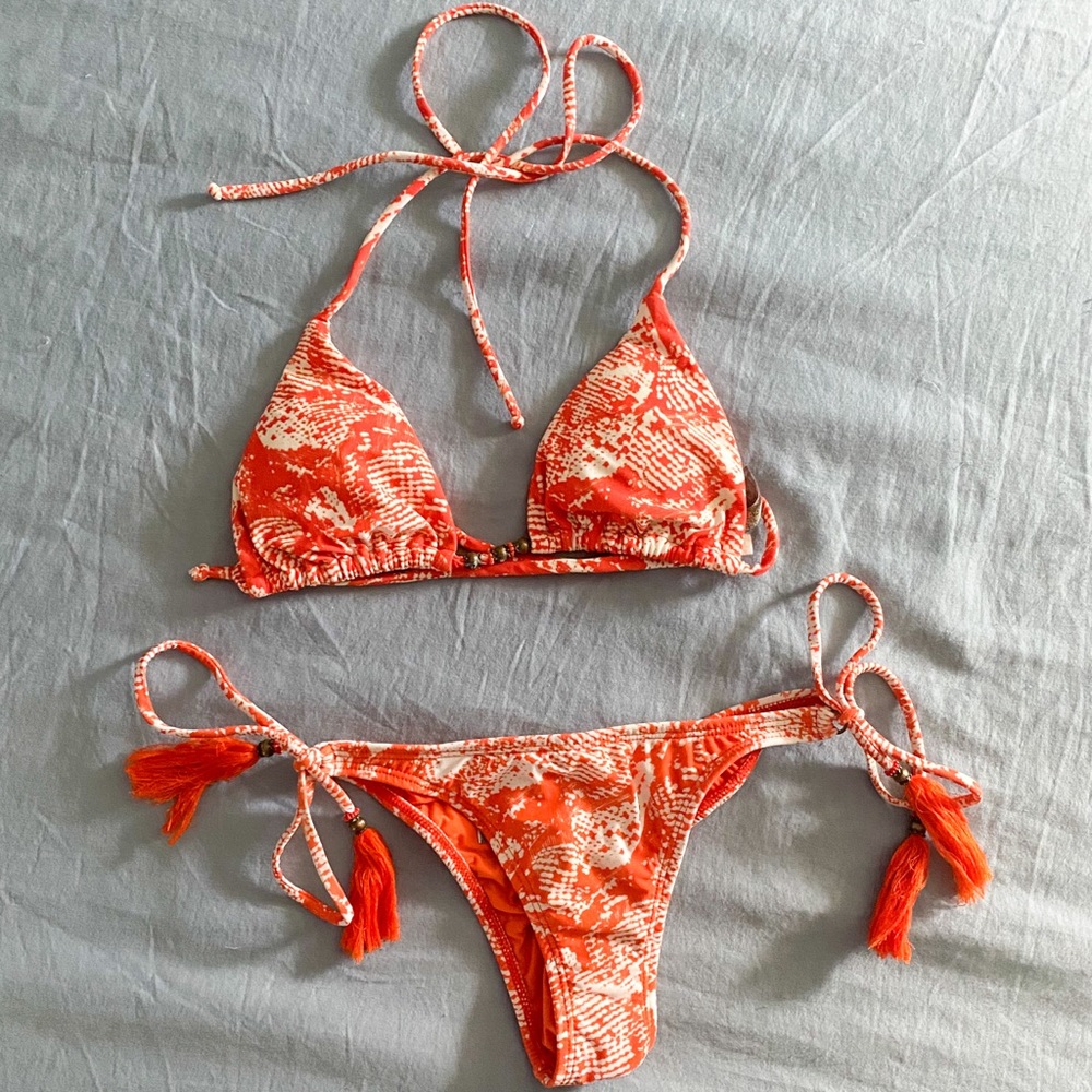 Sofia by VIX String Bikini with ruching | orange Dana print | Top Sm | Bottom M